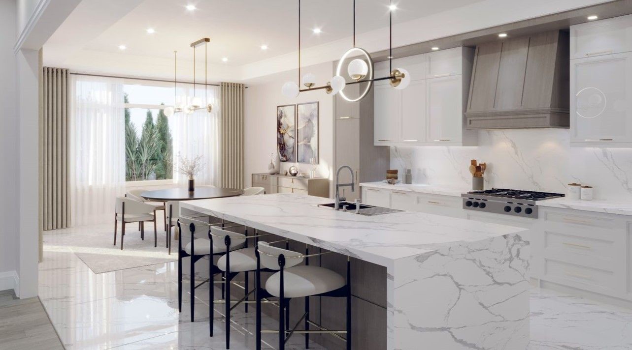 Modern kitchen with marble island, sleek cabinets, and dining area with large windows.