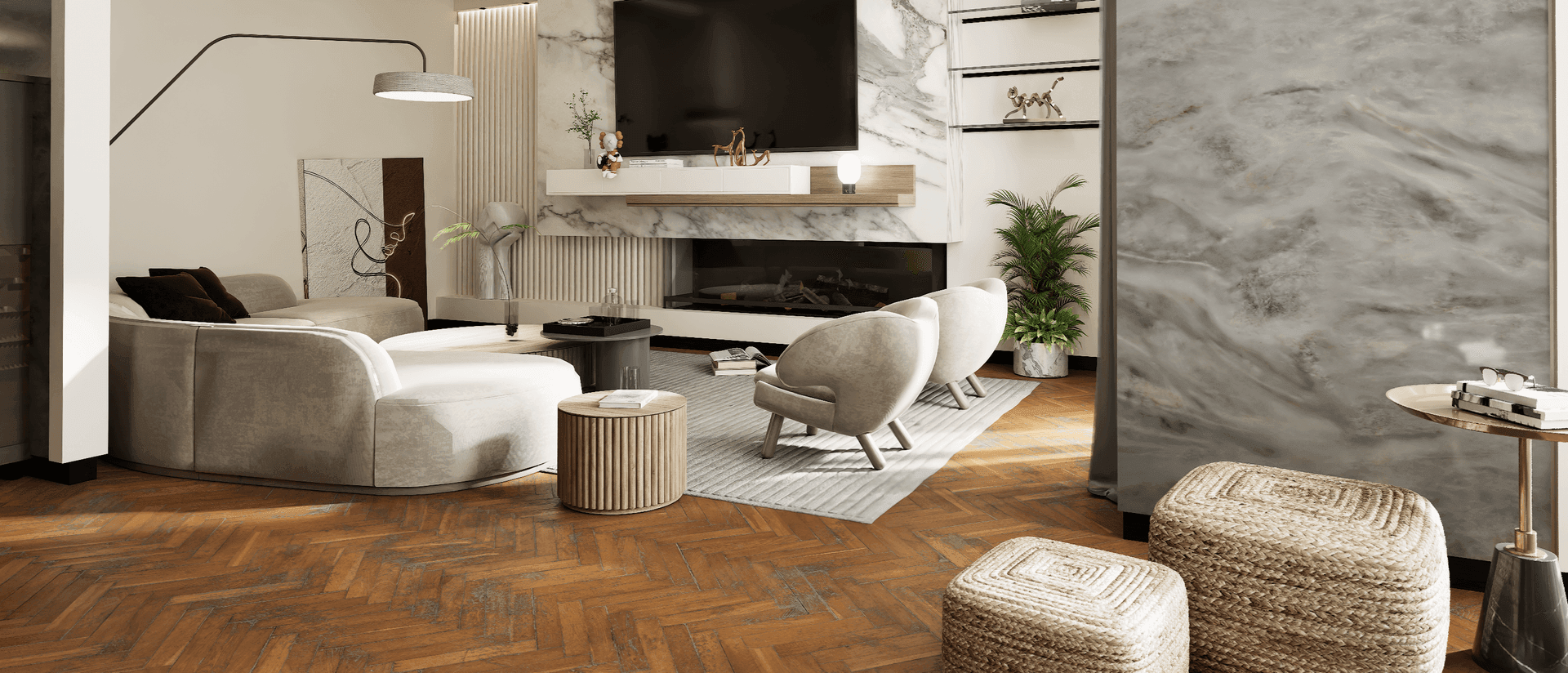 Modern living room with marble accents, plush seating, and a wall-mounted TV above a fireplace.