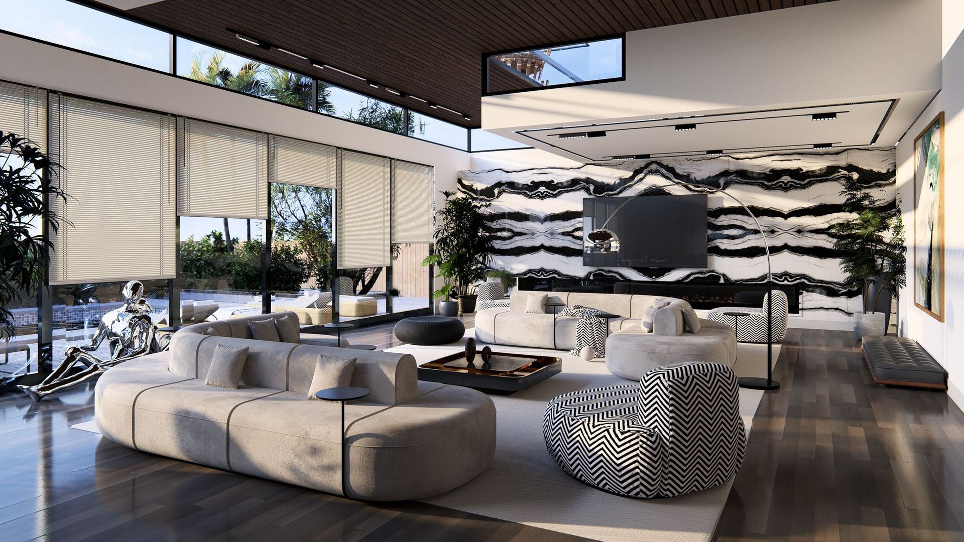 Modern living room with abstract wall art, plush seating, and large windows overlooking a garden.