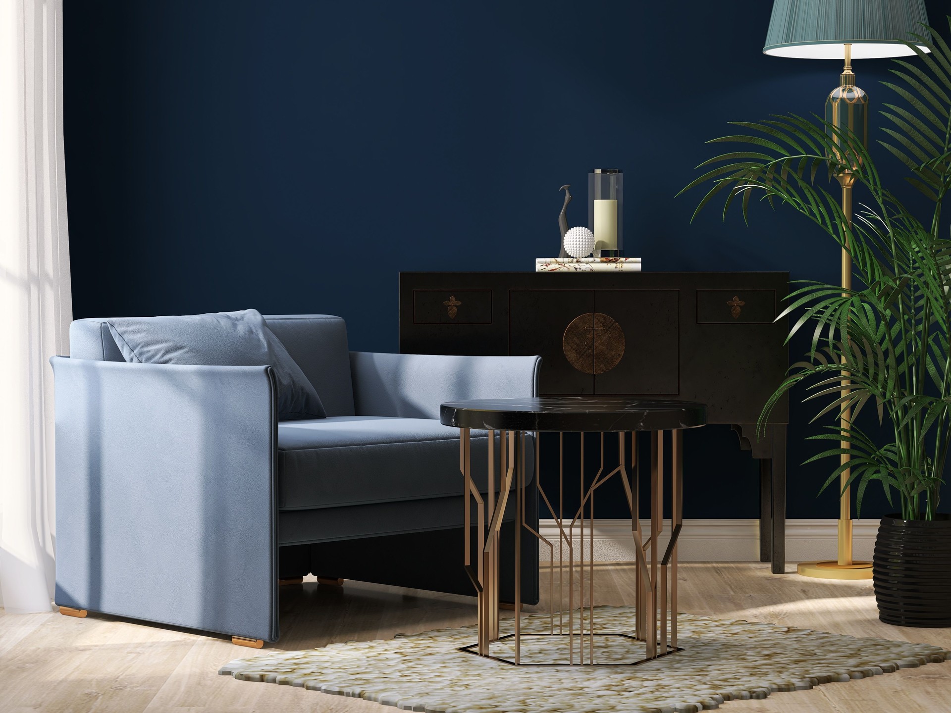 Blue suede leather armchair, black marble side table, Asian style wooden cabinet, floor lamp and palm tree in modern and elegant navy blue wall and parquet floor living room with sunlight from window sheer curtain
