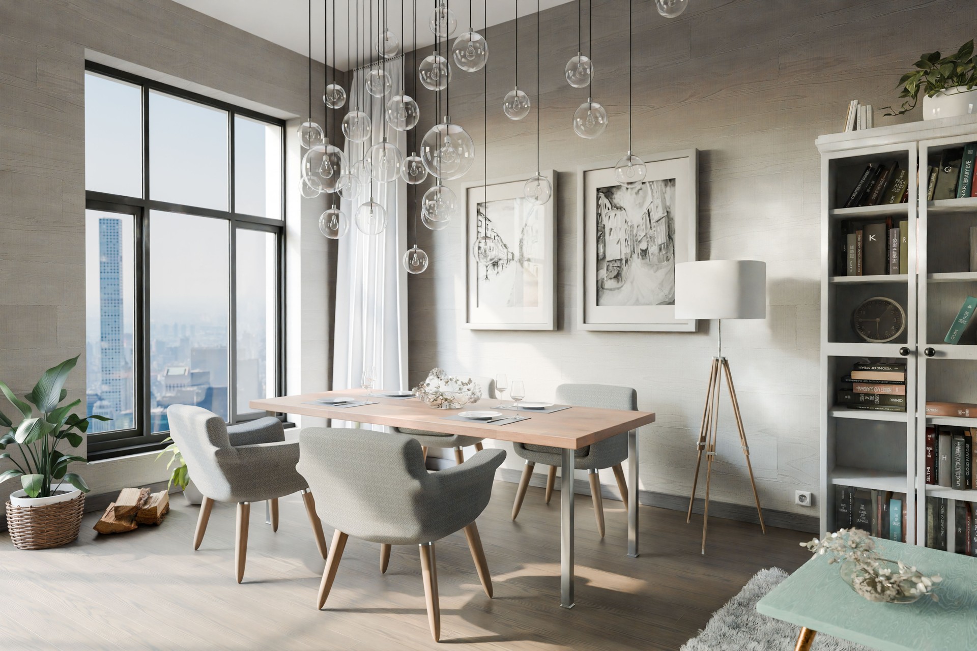 luxurious loft apartment with floor-to-ceiling windows and panoramic view; modern minimalistic interior design of dining room area; bright daylight; 3D rendering