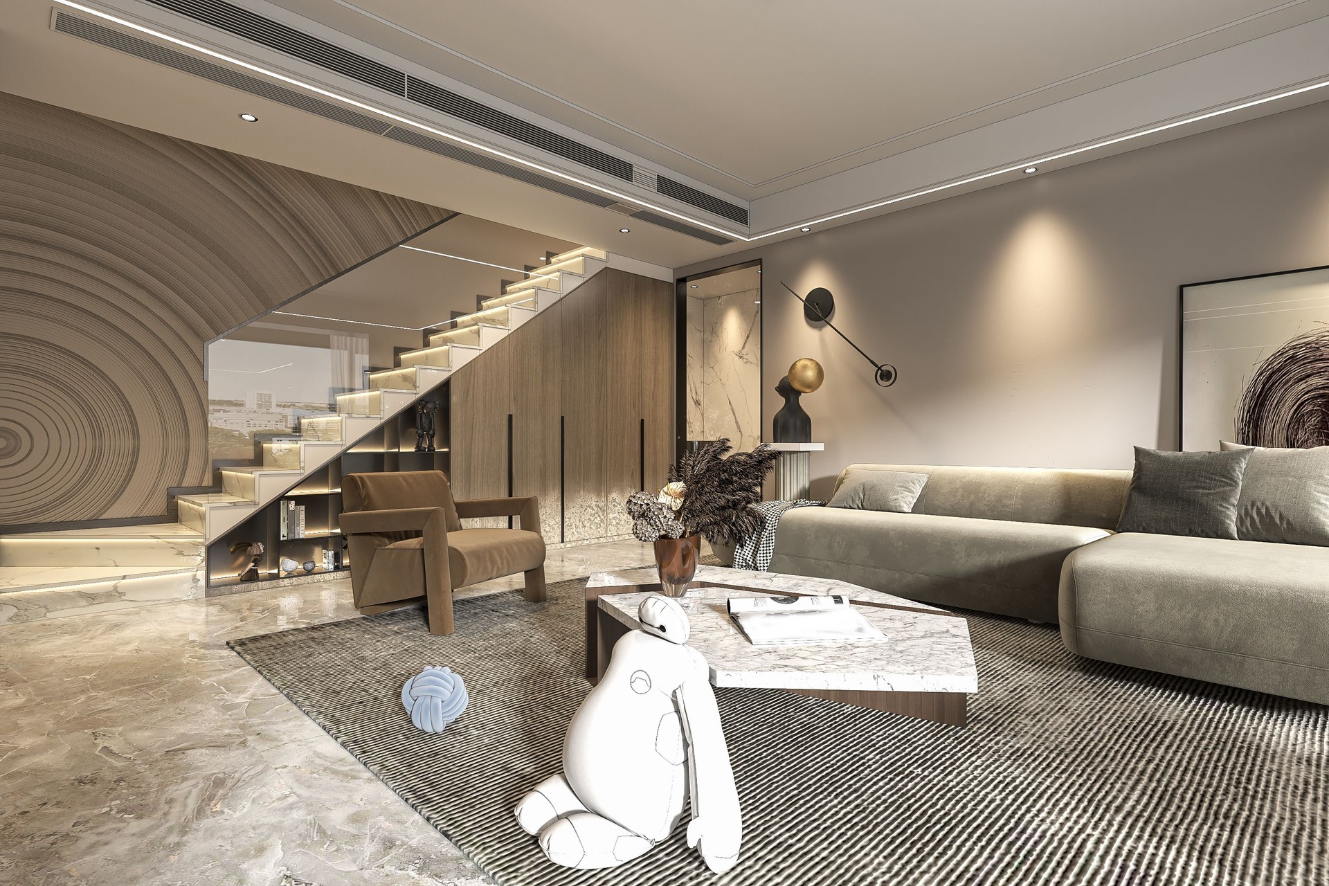 Modern living room and stairs duplex style house design 3d illustration rendering.
