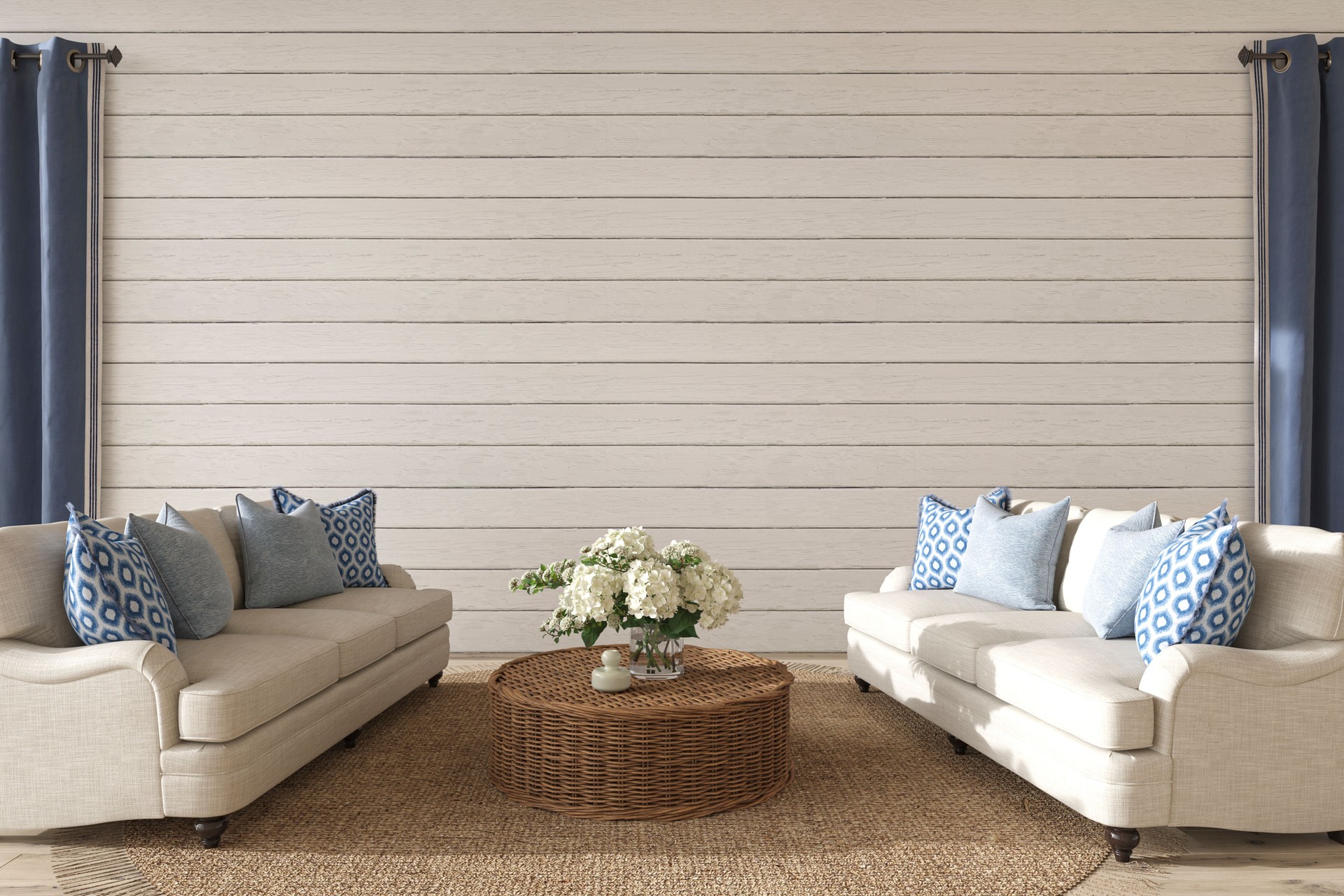 Cottage design living room. Mock up white wall in cozy home interior background. Hampton style 3d render illustration.