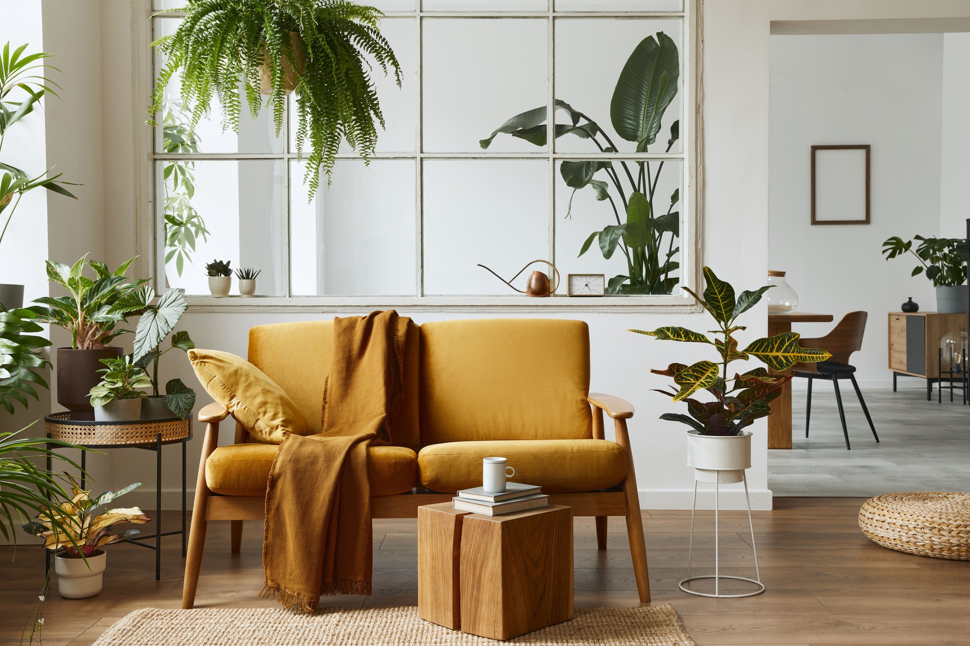 Interior design of scandinavian open space with yellow velvet sofa, plants, furniture, book, wooden cube and personal accessories in stylish home staging. Template.